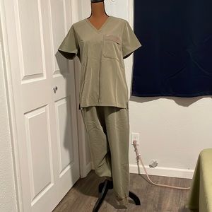 Lovingly used FIGS in Heathered Olive